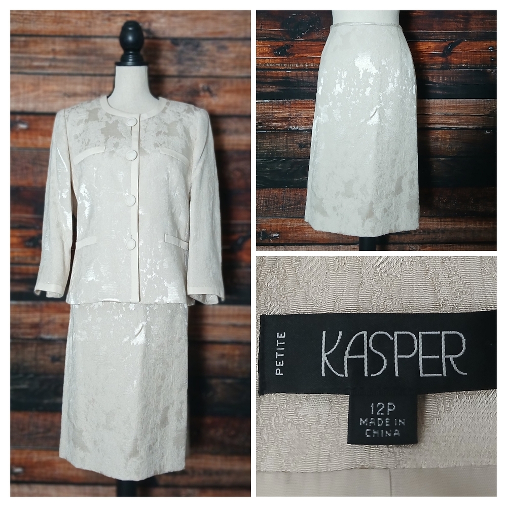 Kasper Two Piece Skirt Suit 12 Petite Cream Jacquard